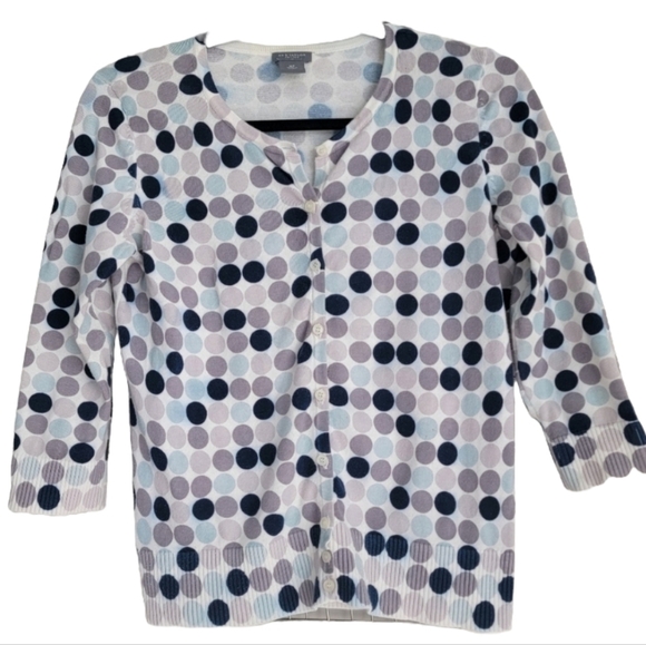Ann Taylor Blue Gray White Circle Polka Dot Cardigan Sweater Petite Medium - Picture 1 of 13
